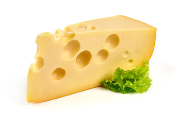 Maasdam cheese triangle, isolated on white background. High resolution image.