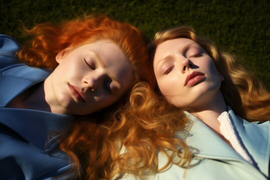 Two beautiful young women lying on the grass in the park,  Beauty, fashion