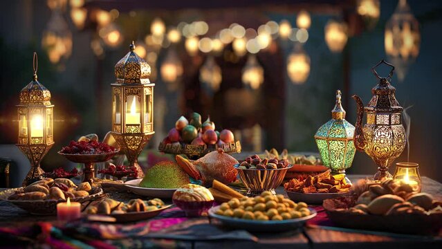 Ramadan background decoration variety of food during Iftar with lamp animation looping video 4k