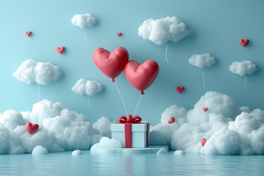 Whimsical Love Balloons Ascending Beside a Gift Box in a Cloud-Adorned Room