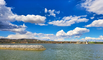 Photo taken on Kladovo bay, Danube. view of Drobeta Turnu Severin on the other side of the river.