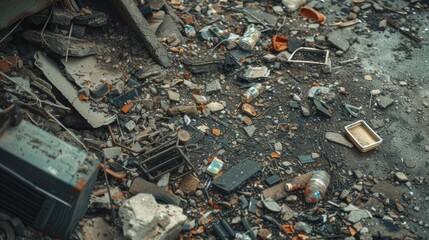 A pile of broken electronics is seen sitting on top of a dirty floor. This image can be used to depict electronic waste, recycling, or a neglected and cluttered space