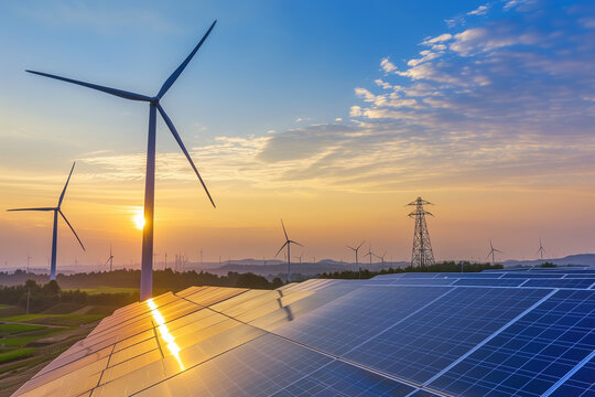 Renewable energy landscape at sunrise or sunset with   wind turbines, and a traditional electric power pylon in the background, illustrating a mix of energy generation methods.