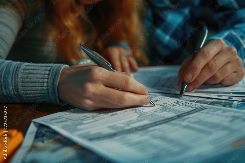 Poster a person is seen writing on a piece of paper with a pen. this image can be used for various purposes