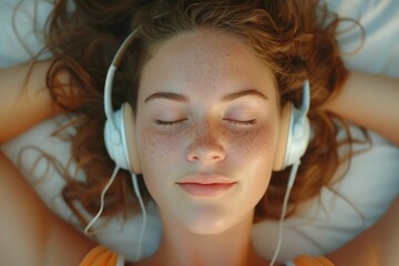 A woman relaxing on a bed while wearing headphones. Perfect for illustrating leisure, relaxation, and listening to music. - obrazy, fototapety, plakaty