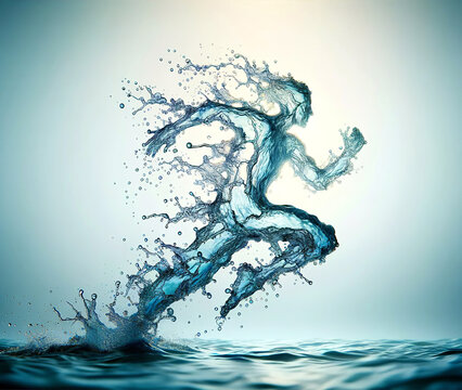 This image depicts a splash of water, creating a dynamic human-like figure that suggests movement and the fluidity of life in a blue-toned setting. Water is the concept of life. AI generated.
