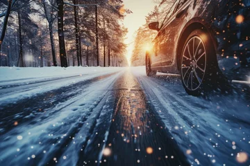 Foto op Canvas A car driving down a snow covered road, perfect for winter travel or scenic winter landscapes © Fotograf