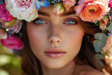 A young, beautiful woman with a flower crown, radiant skin, and vibrant makeup