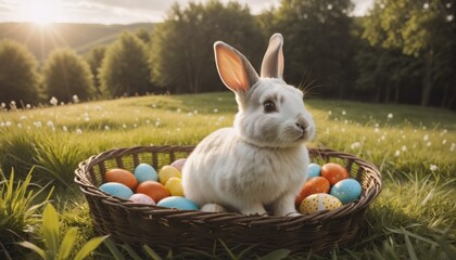 A cute little bunny sits in a nest of grass on many different colored Easter eggs in a meadow in spring