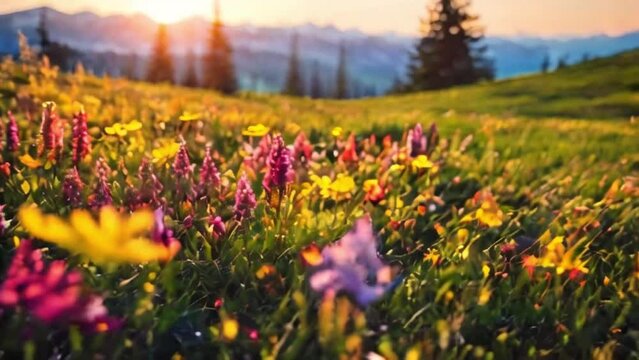 Summer alpine meadow with colorful wildflowers.