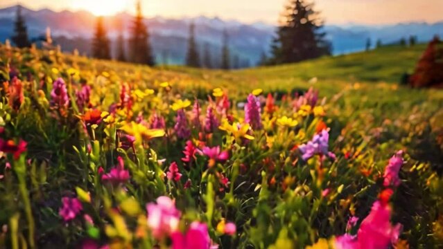 Summer alpine meadow with colorful wildflowers.