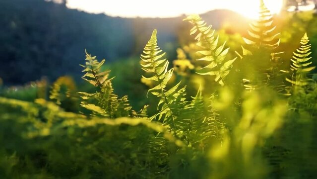 Fern in sun. Summer meadow with wild fern., sunset. Summer green flora background