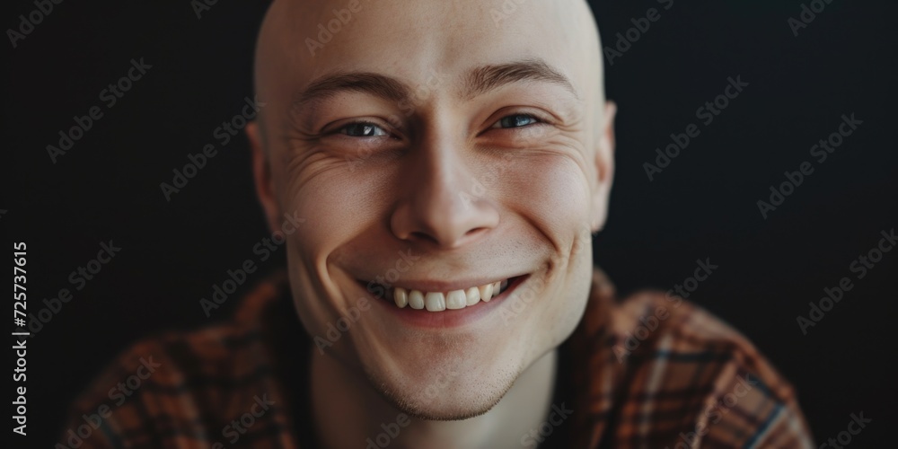 Poster a man with a bald head smiling directly at the camera. suitable for personal or professional use