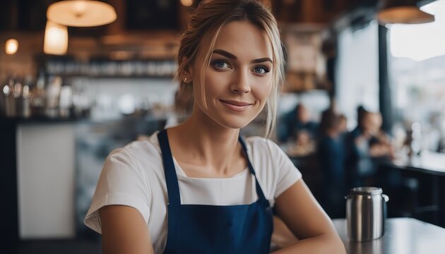 Portrait of female waitress in blue apron at café and restaurant