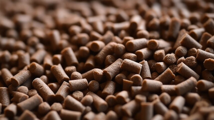 Wooden pellets background, pattern. Close up natural wood pellet. Ecological heating, renewable energy Biofuels. Top view. Flat lay ecological fuel for solid fuel boilers. - obrazy, fototapety, plakaty