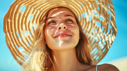 close-up of a young smiling woman wearing a straw hat with the blue sky as a backdrop