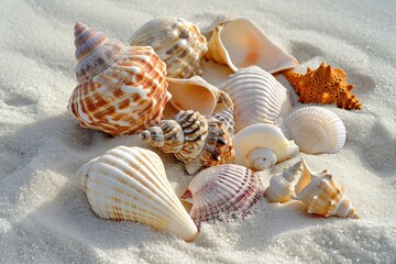 Fototapeta na wymiar assortment of seashells lay scattered on fine white sand.