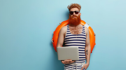 joyful man with red-dyed hair and a full beard, wearing round sunglasses, a striped tank top, holding a laptop in one hand, and an orange lifebuoy in the other