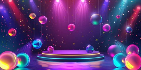 A festive empty podium adorned with colorful, glowing orbs and bright lights creating a celebratory atmosphere. - obrazy, fototapety, plakaty