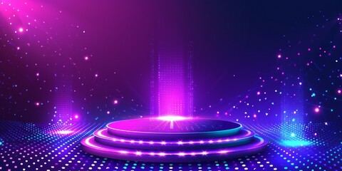 Abstract round podium illuminated with neon lights. Circle portals, teleport, hologram gadget. Sky-fi digital hi-tech elements for presentation, vr, gui, games.