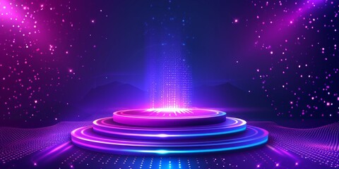 Abstract round podium illuminated with neon lights. Circle portals, teleport, hologram gadget. Sky-fi digital hi-tech elements for presentation, vr, gui, games.