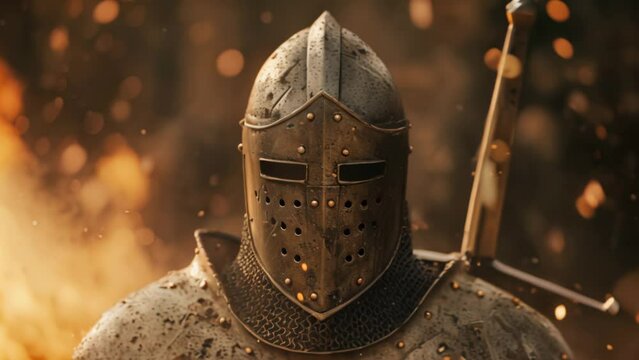 Medieval warrior knight in armor and with a sword standing in fire, front view