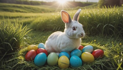 Fototapeta na wymiar A cute little bunny sits in a nest of grass on many different colored Easter eggs in a meadow in spring