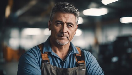 Fototapeta premium Portrait of truck repair shop owner with arms crossed looking at camera