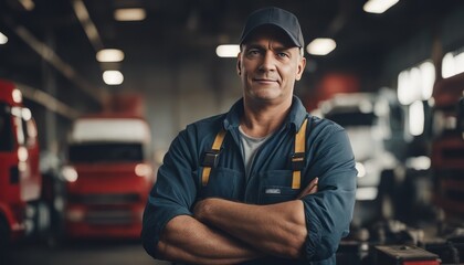 Portrait of truck repair shop owner with arms crossed looking at camera - Powered by Adobe