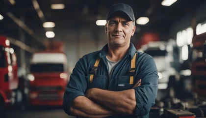 Fotobehang Portrait of truck repair shop owner with arms crossed looking at camera © Adi