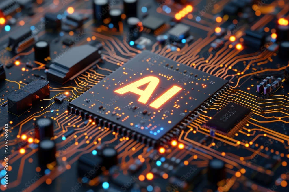 Aufkleber AI text on computer circuit board, AI microprocessor closed up