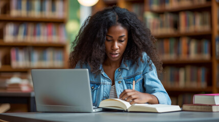 focused young woman studying in a library, writing notes from a laptop into a book - obrazy, fototapety, plakaty