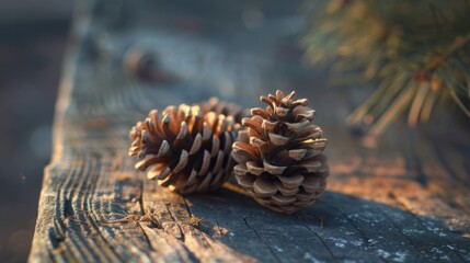 Pine cones sitting on top of a wooden bench. Perfect for rustic decor or nature-themed projects