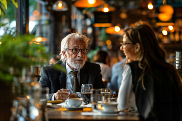 Senior Businessman in Restaurant Meeting. Generative AI