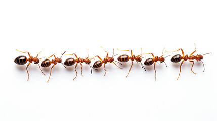 Top view A line of five ants. isolated on white background