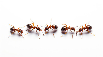 Top view A line of five ants. isolated on white background