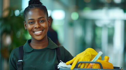 young woman with a bright smile, wearing a green shirt and yellow gloves, holding a cleaning caddy with supplies - Powered by Adobe