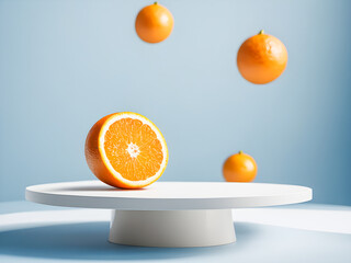 Fresh orange fruit on white podium on blue background. - obrazy, fototapety, plakaty