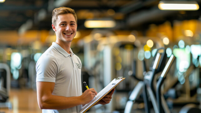 young man in a well-lit gym holding a clipboard and pen, smiling at the camera