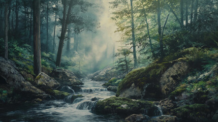 Fototapeta premium Watercolor paintings of nature, forests, mountains, waterways.