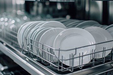 A dishwasher filled with lots of white plates. Perfect for kitchen appliance advertisements or restaurant brochures