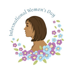 Profile of a dark-skinned girl in a wreath of flowers and the text International Women's Day