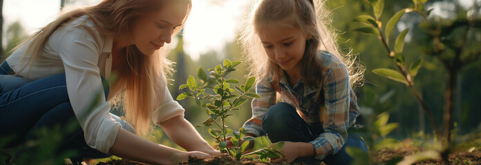 Caucasian mother and daughter planting trees in the forest. - obrazy, fototapety, plakaty