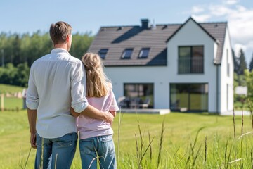 Rear view of young family looking at new home, buying real estate, housing for modern families.