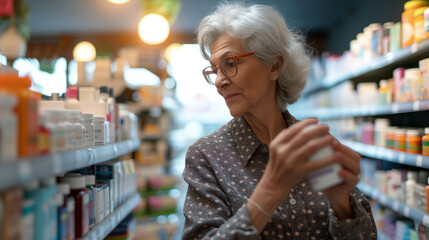 Senior Caucasian female customer picks up pill bottle in pharmacy. - Powered by Adobe