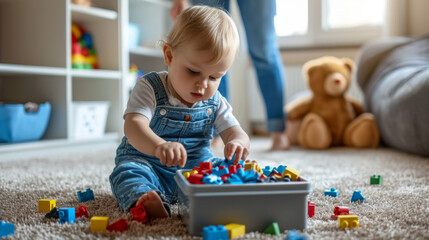 young child is focused on playing with colorful building blocks on a plush carpet