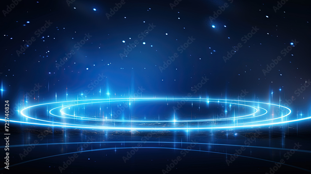 Wall mural abstract neon rays and lines on dark science and tech background