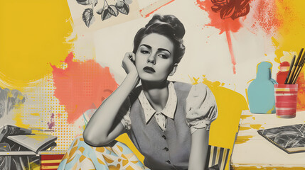 Creative photo collage of overworked woman tired of household life. Colorful Vintage style poster. Abstract background. Contemporary art wallpaper, banner. Time management concept.