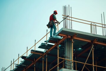 Naklejka premium Construction worker working on top roof