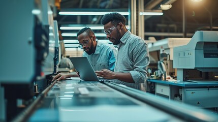 Engineers working on laptop in a large printer